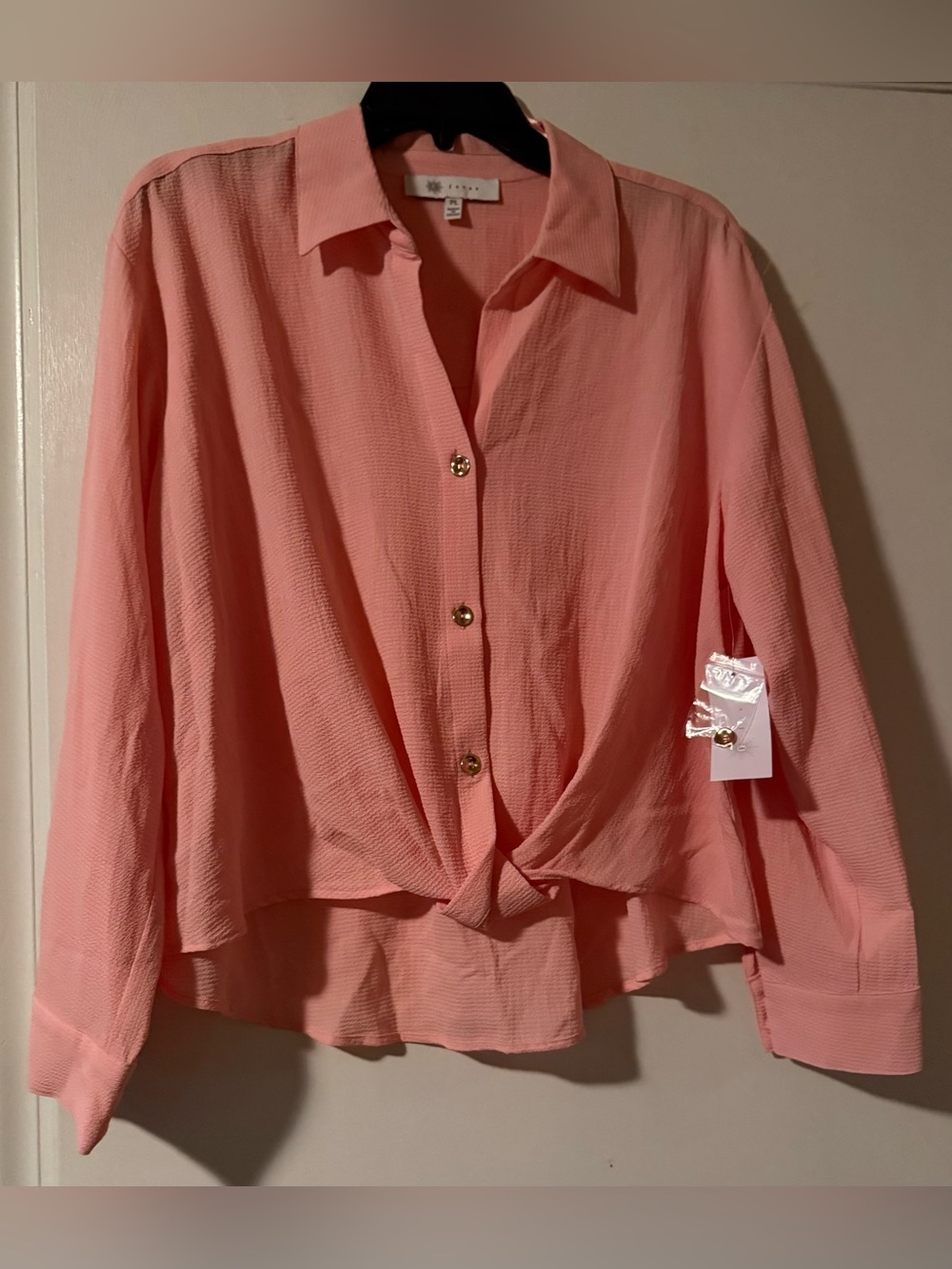 Fever Coral Pink Button-Front Knot Hem Women's Shirt